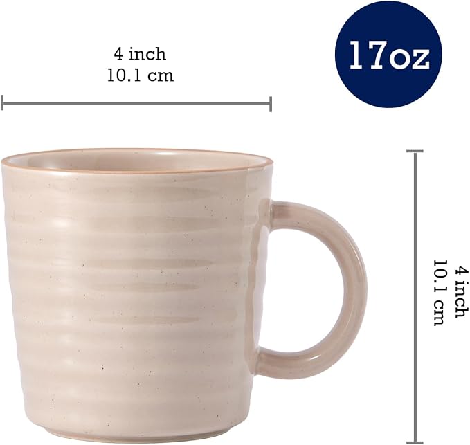 Bico Ceramic Coffee Mugs Set of 4, 17 oz Stoneware Coffee Cups with Handle and Ribbed Texture, Lead-Free Microwave and Dishwasher Safe, Warm Earthy Mug Set for Tea, Latte, Hot Chocolate (Light Beige)