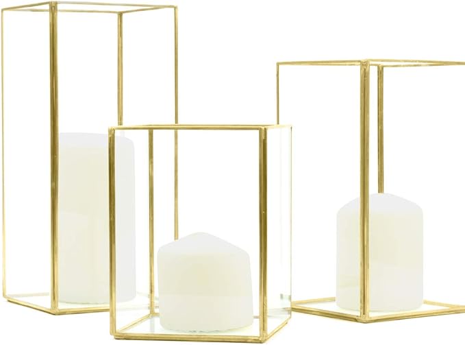 Koyal Wholesale Gold Geometric Candle Holders Set of 3, Glass Terrarium Centerpieces for Wedding Table Decor, Home Decor, and Events — Modern Gold and Glass Lanterns for Candles, Flowers, or Plants