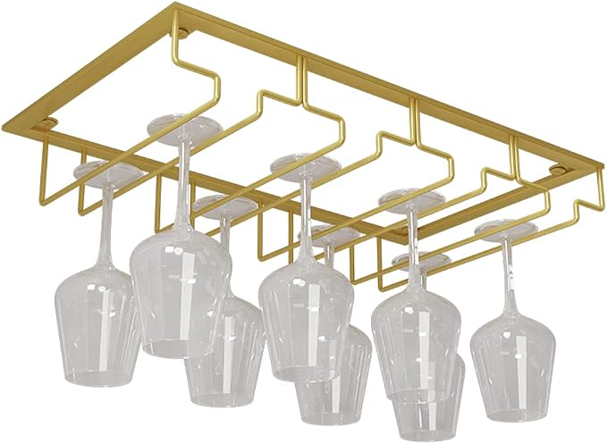Wine Glass Holder Under Cabinet - Hanging Stemware Holder, Wine Glasses Storage Hanger Metal Organizer for Cabinet Kitchen Bar (4 Rows)