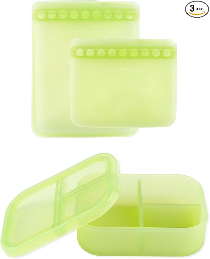 Bumkins - Silicone Bento Box & Reusable Snack Bag Set - 3 Sections & Leak-Proof Lid - Food Safe - 2 Zip Bags - Washable, Microwave, Freezer & Dishwasher Safe - 3 pack - Green