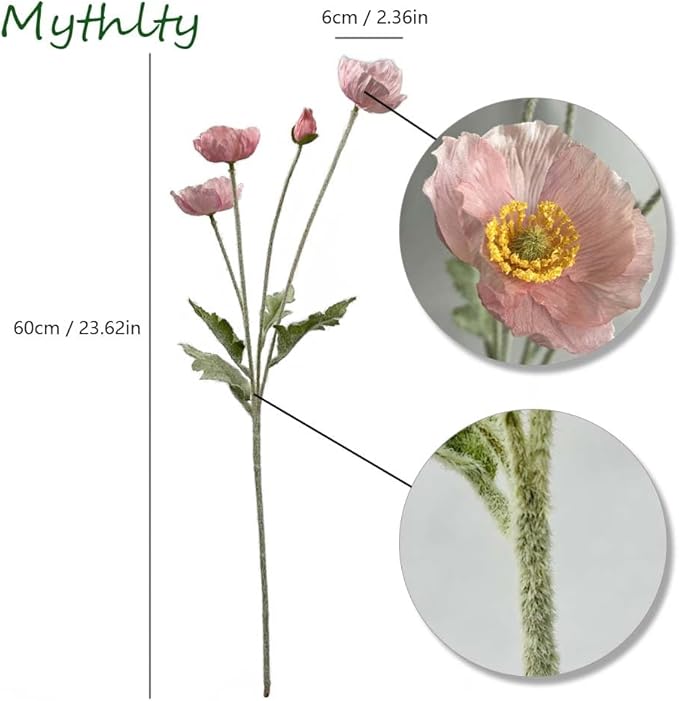 Set of 6 Poppies Flowers Artificial Silk Flowers with Long Stems Faux Wildflowers Bouquet for Vases Oil Pastel Style for Wedding Party Indoor Home Office Decor (Opal Pink)