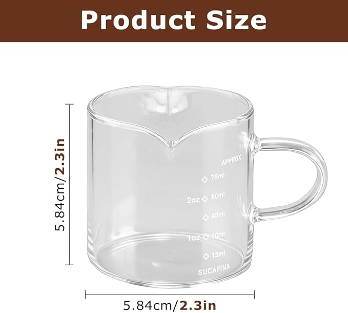 2 Pack Espresso Shot Glass with Handle 75ML Double Spout Measuring Cups with Scale Milk Frothing Pitcher Coffee Accessories(COLOR:clear)