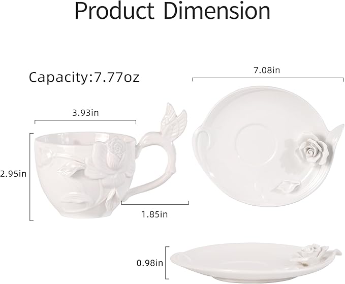 KAMMAK Tea Cups and Saucers Set of 2, Porcelain Coffee Cups, 8.5-Ounce Stackable Espresso Mugs, Ceramic Demitasse for Coffee, Latte, Americano, Tea, Cubic Rose