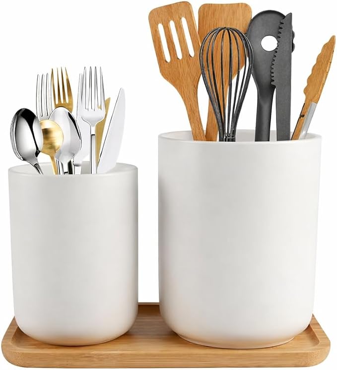 Utensil Holder,6.2"+5.2" Ceramic Utensil Caddy for Kitchen Counter with Bamboo Tray,Countertop Cooking Silverware Organizer for Spatula,Spoon,Knives Forks Caddy Holder,Kitchen Decor,Set of 2