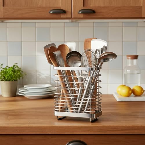 Kitchen Utensil Drying Rack, 18/8 Stainless Steel Chopsticks Spoon Fork Knife Basket Flatware Storage Drainer, Cutlery Holder for Kitchen Counter （6.1x2.95x6.5 inch）