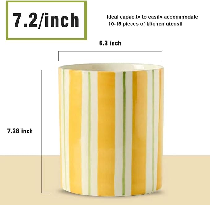 7" Hand-Drawn Lines Utensil Holder, Large Kitchen Utensil Holder Organizer ,Stable Utensil Crock Spatula Holder for Kitchen Counter Countertop Farmhouse Cooking Tools Holder