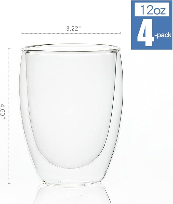 [4-Pack,12Oz] Glass Cups, Double Walled Thermo Espresso Glasses, Insulated Coffee Mugs, Drinking Glasses