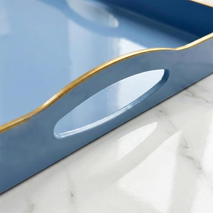 Blue Serving Tray with 4 Handles, Plastic Decorative Tray for Coffee Table, Ottoman - Ideal for Living Room & Bathroom. 15” x 11” x 1.9”