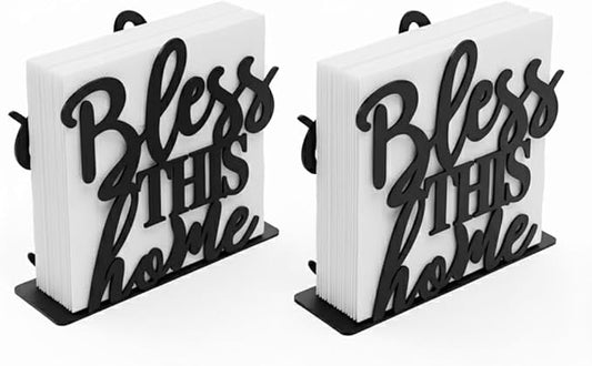 2Pack Bless This Home Napkin Holder for Table, Modern Metal Black Napkin Holders for Kitchen Dining Tables & Countertops, Paper Cocktail Napkins Holder Dispenser for Indoor & Outdoor