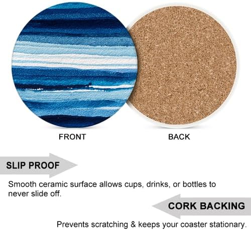Ceramic Coasters Set of 6 Absorbent Stone Drink Coasters with Holder,Non-Slip Cork Backing,Blue Wood Grain Coasters for Coffee Table,Desk & Home Decor