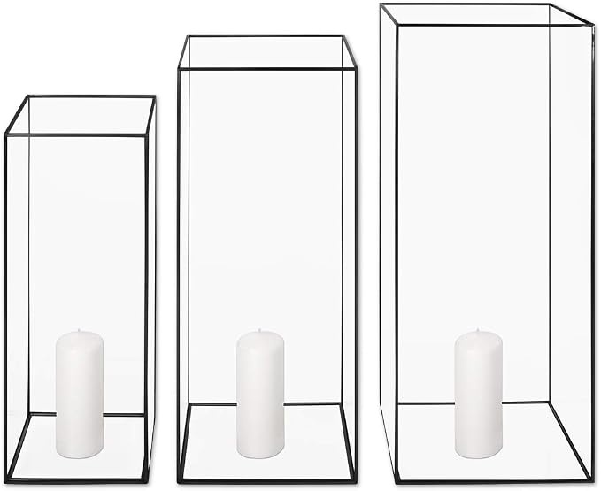 Koyal Wholesale Black Rectangular Glass Hurricane Candle Holders Tall Floor Lantern for Pillar Candles, Elegant Modern Candle Holder for Weddings, Events, or Entryway and Fireplace Décor Set of 3