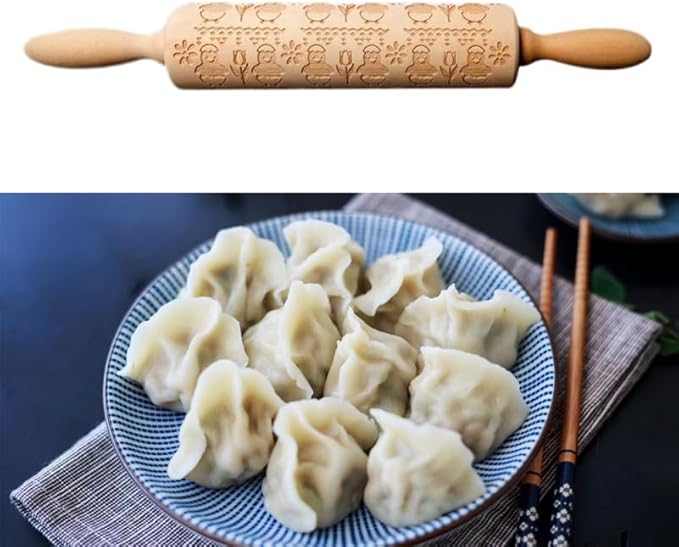 DECHOUS Easter Embossed Rolling Pin 13.78 Inch Chicken Flower Pattern Wooden Dough Roller for Baking - Home Kitchen Essential Rolling Pin for Cookie Dough Pastry Pizza Fondant