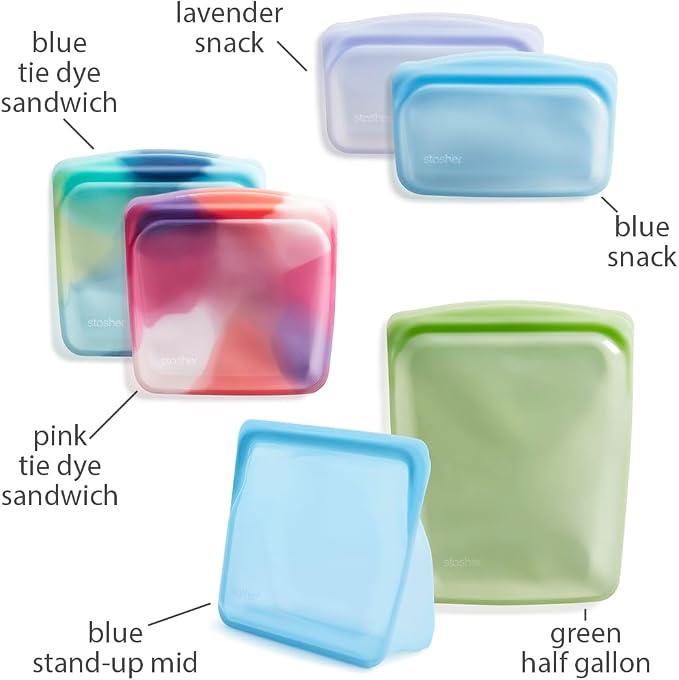 Stasher Silicone Reusable Food Storage Bags, 6-Pack, Reusable Freezer Bags, Microwave, Dishwasher, Oven Safe, Sous Vide, Premium Lunch Containers, Eco Friendly, Food-safe Silicone Snack Bag, Tie Dye