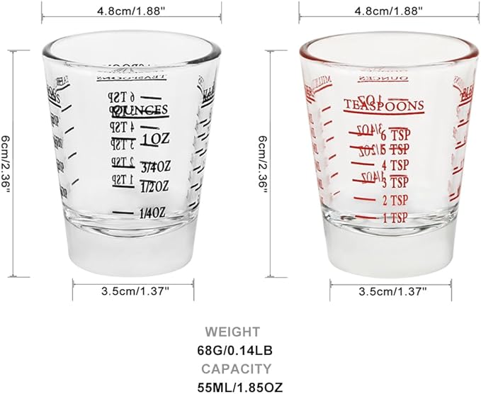 Set of 4 Shot Glasses - Heavy Glass, Perfect for Measuring Espresso, Wine, and More 26-Incremental Measurement 1oz, 6 Tsp, 2 Tbs, 30ml (4, Red+Black)