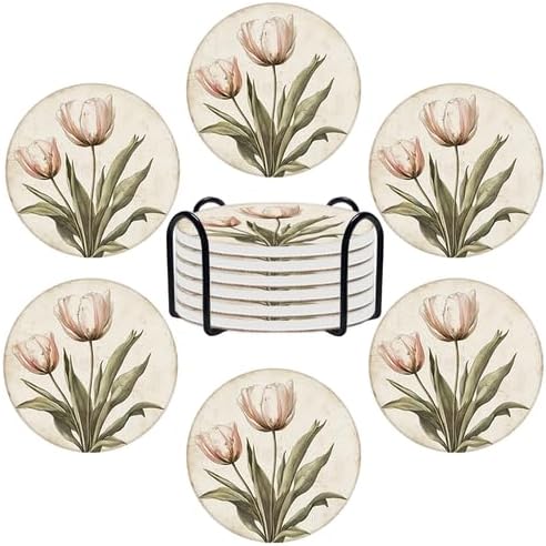 Ceramic Coasters Set of 6 Absorbent Stone Drink Coasters with Holder,Non-Slip Cork Backing,Retro Tulip Coasters for Coffee Table,Desk & Home Decor