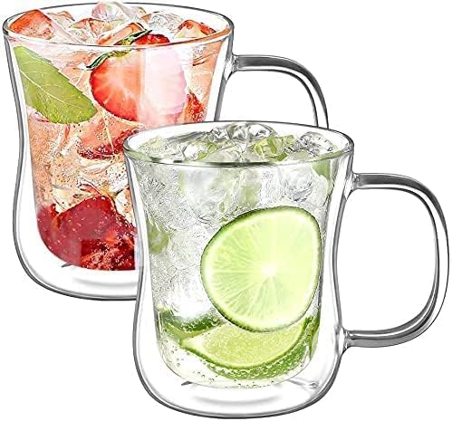 ecooe 12 oz Double Walled Glass Coffee Mug Latte Cappuccino Cups Set of 2, Clear Glass Coffee Cups with Handle, 350ml (full capacity) Coffee Cup Borosilicate Double Wall Glass Coffee Mug Tea Cups