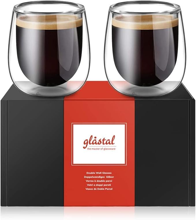 glastal Espresso Cups 4 oz Double Walled Glasses Coffee Mugs Set of 2, Clear Glass Coffee Cups Insulated Espresso Mug 120 ml (full capacity) Borosilicate Double Wall Glass Cup, German Quality