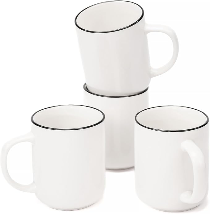 OTAGO Coffee Mugs for 4, 12 oz Mug Set, Dringking Cup with Handle for Coffee, Tea, Cocoa, Milk, Black Rim
