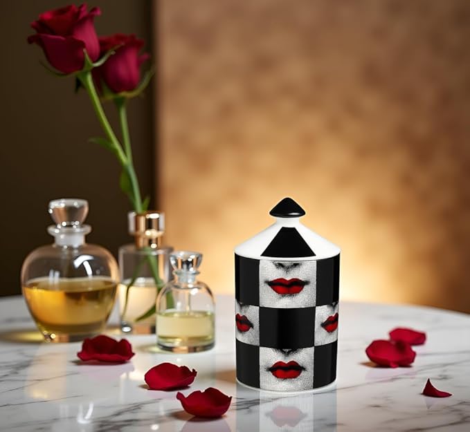 Decorative Candle Holder Handcrafted Aromatherapy Candle Jar Italian Designer Décor Fashionable Tabletop Vase Modern Art Female Face Eyes Lips Centerpiece. (Red Lips Black Squares)