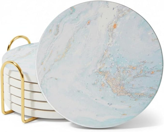 Colorful Ceramic Marble Coasters Set of 6, Cute Moisture Absorbing Coaster, Coffee Table Decor, Stone Absorbent Drink Coasters