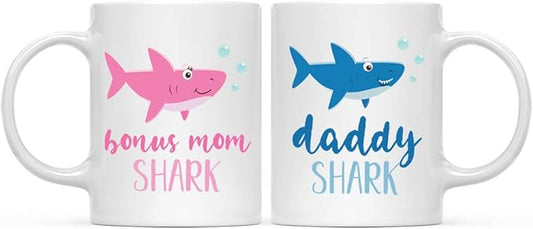 Andaz Press Baby Shark Family 11oz. Coffee Mug Gift Set, Bonus Mom Shark, Daddy Shark, 2-Pack, Shark Do Do Do Gift Idea Birthday Christmas Gifts for Step Mom Mother's Father's Day