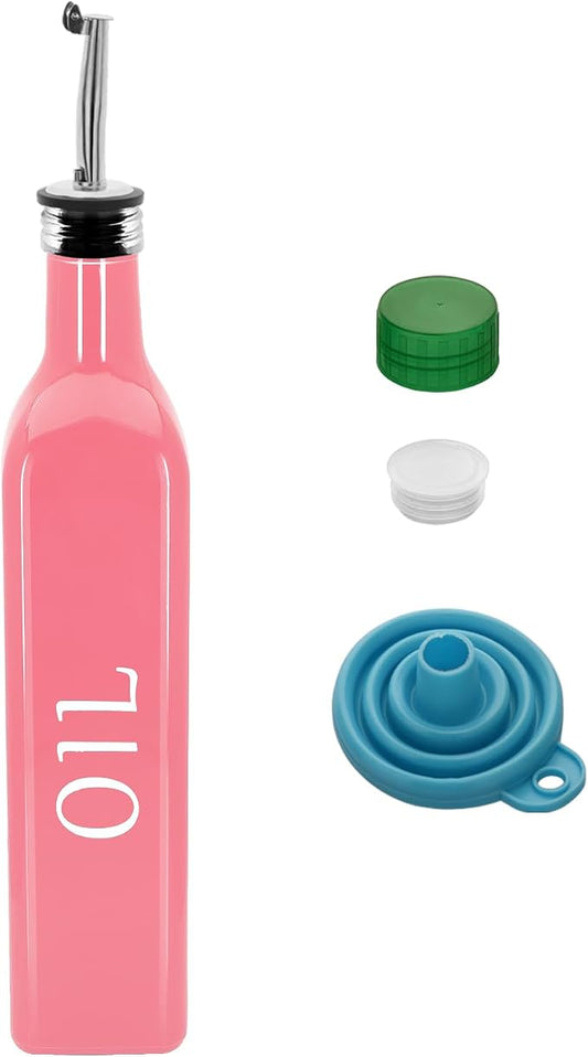 1 Pc 17oz Olive Dispenser Bottle,500ml Glass Oil and Vinegar Dispenser Set with 1 Stainless Steel Pourers,Funnel Bottles for Kitchen (Pink Oil)