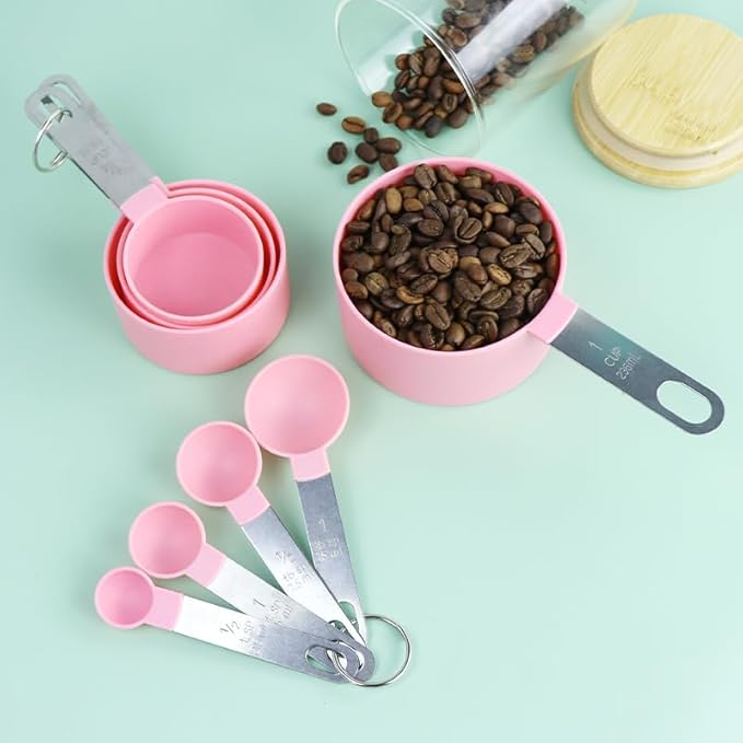 8 Pcs Measuring Cups and Spoons Set, Includes 4 Stainless Steel Nesting Measuring Cups & 4 Mini Measuring Spoons,Stackable Handle Accurate Tablespoon for Measuring Dry and Liquid Ingredients(Pink)
