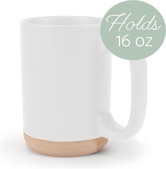 Elanze Designs Tall Ribbed Raw Clay Bottom White 16 ounce Ceramic Coffee Mugs Set of 4