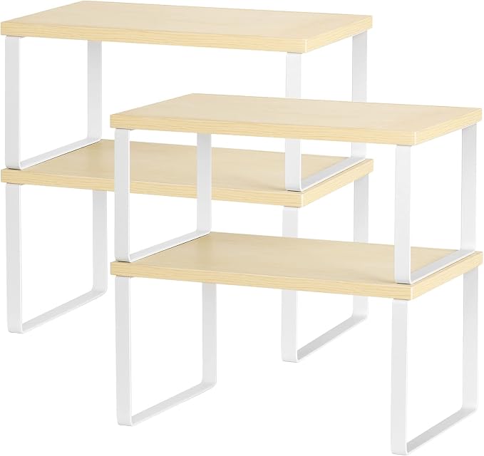 Counter Shelves Set of 4 Stackable Kitchen Cabinet Organizer Shelf and Expandable Wood Countertop Shelves for Bathroom Study Room, White