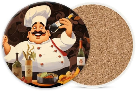 Ceramic Drink Coasters Absorbent Set of 1, Happy Chef with Mustache Round Anti Slip Modern Cup Coasters for Desk Kitchen Office Housewarming Hostess Gifts (4 * 4 Inch)