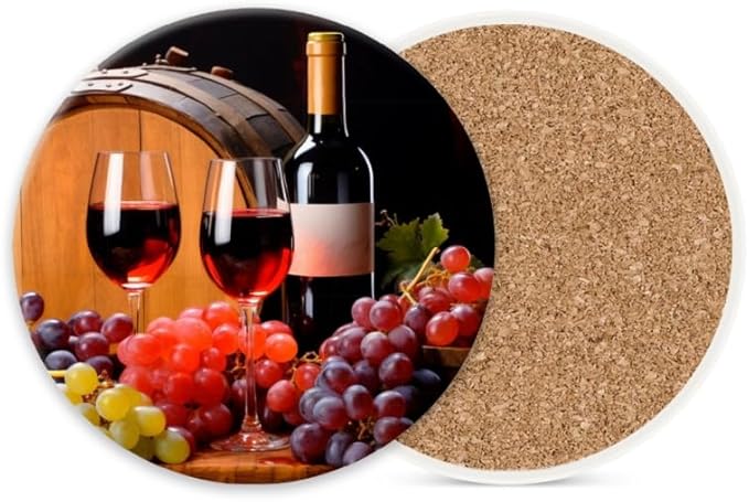 1 Pcs Coffee Cup Coasters for Drinks, Bottle of Red Wine Round Absorbent Non-Slip Ceramic Stone Cork Coasters for Kitchen Living Room Office Decoration Bar (4 * 4 Inch)