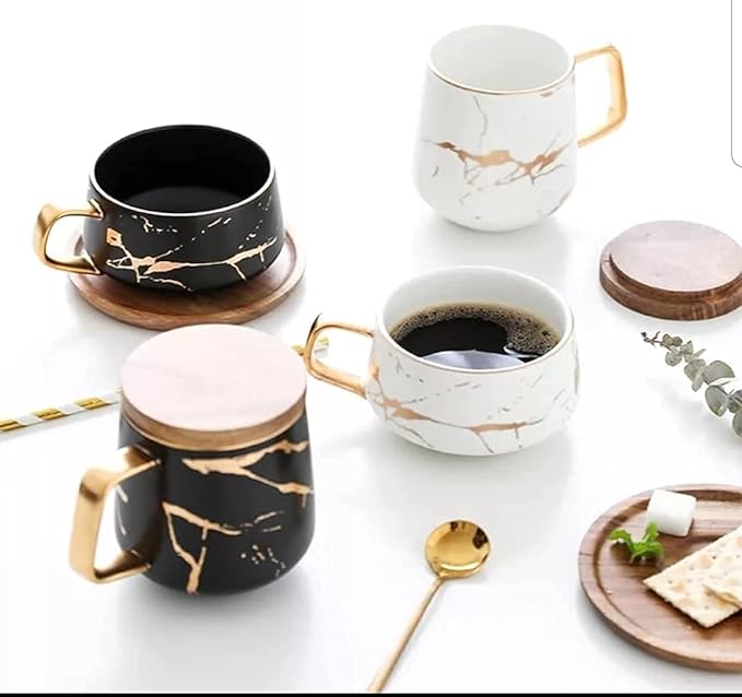 Classic Ceramic Kintsugi Style Coffee Tea Mug with Gold Inlay, Spoon and Bamboo Lid- 12 OZ, Set of 2- Large Mugs, Unique Design, Perfect Novelty Gift- Dishwasher Safe