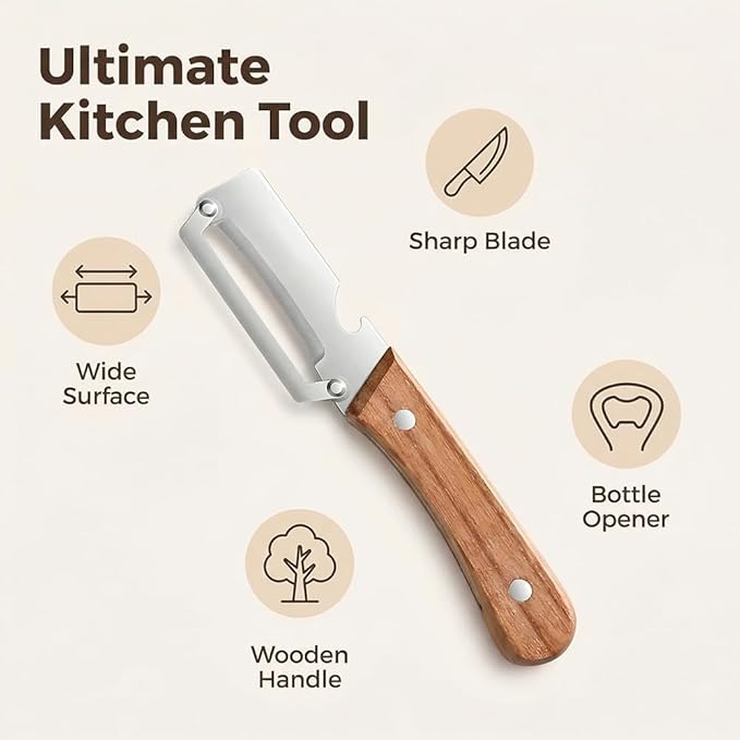 Premium Vegetable Peeler with Wooden Handle & Bottle Opener – 2-in-1 Stainless Steel Kitchen Tool for Fruit, Apple, Potato, Pumpkin, Papaya – 2 PCS Set