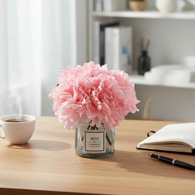 Artificial Pink Peony Flowers in Vase,Wedding Table Centerpiece Home Decor | Realistic Silk Faux Peonies with Small Glass Vase, Fake Flower Table Centerpiece for Bedroom Cafe Wedding Indoor Decoration