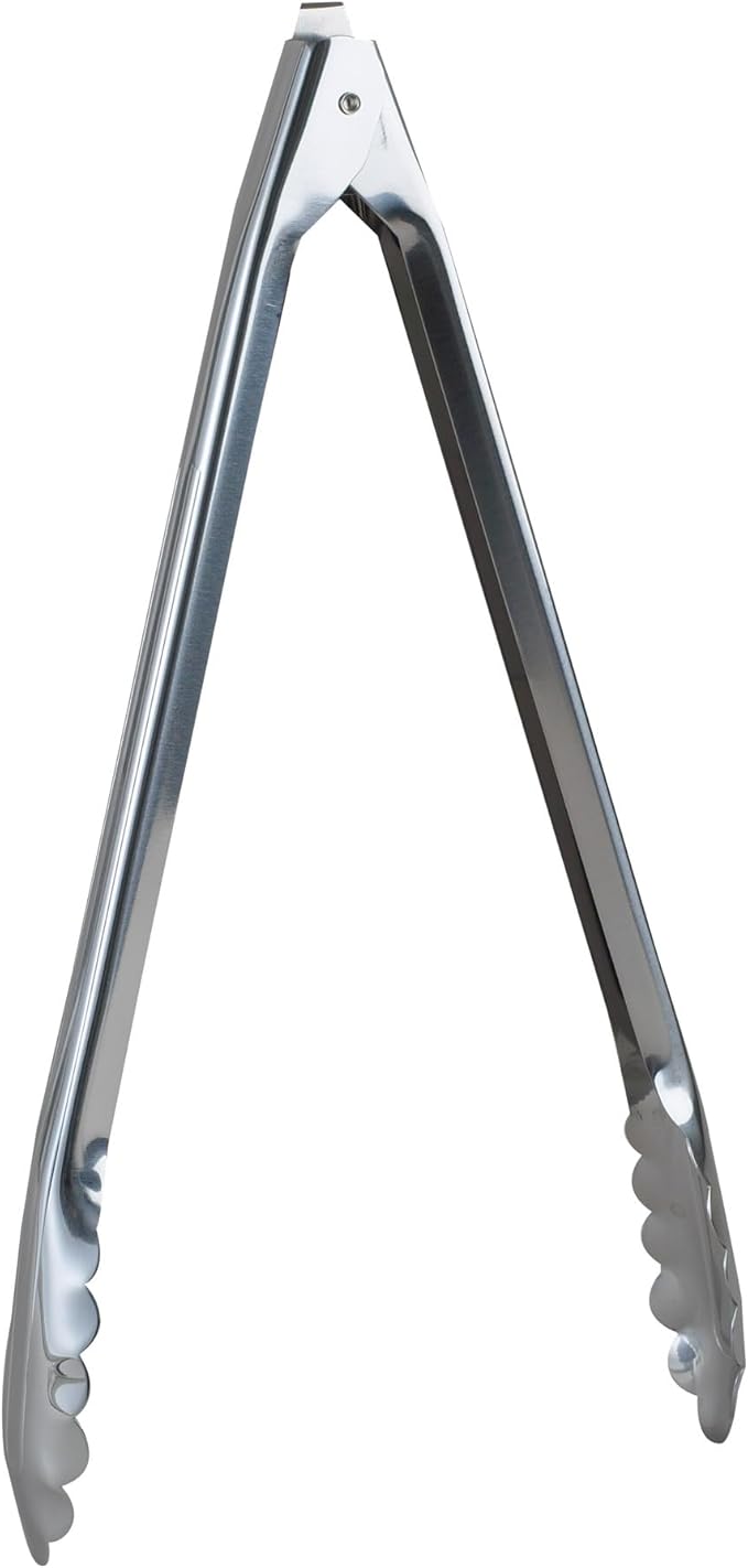 HIC Kitchen Spring Locking Kitchen Cooking Serving Food Barbecue Tongs, Scalloped Gripping Edge, Stainless Steel, 12-Inch, Set of 2