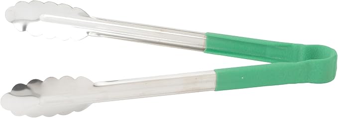 Winco 12" Stainless Steel Serving Tongs with Non-Slip Handle, Green