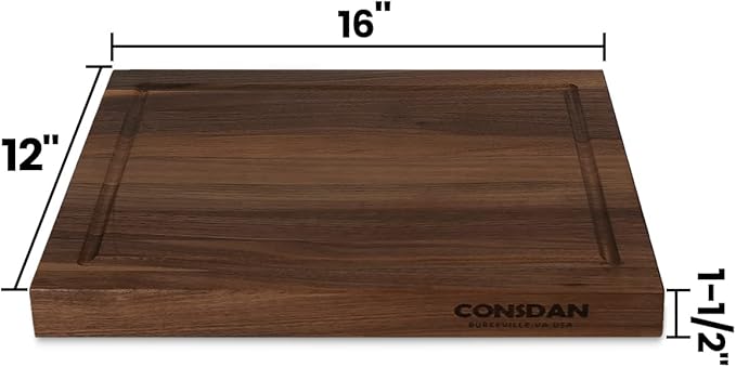 CONSDAN Walnut Cutting Board for Kitchen, USA Grown Hardwood, 16 x 12, with Invisible Inner Handle, Prefinished with Food-Grade Oil, Suitable for Kitchen Edge Grain, 1-1/2" Thick