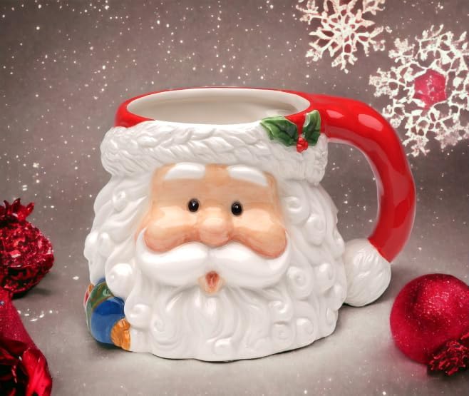 Fine Ceramic Christmas Holidays Mr. & Mrs. Santa Claus Mugs Set of 2 (2 Pieces Set), 5-3/4' L, White, Grey, Red