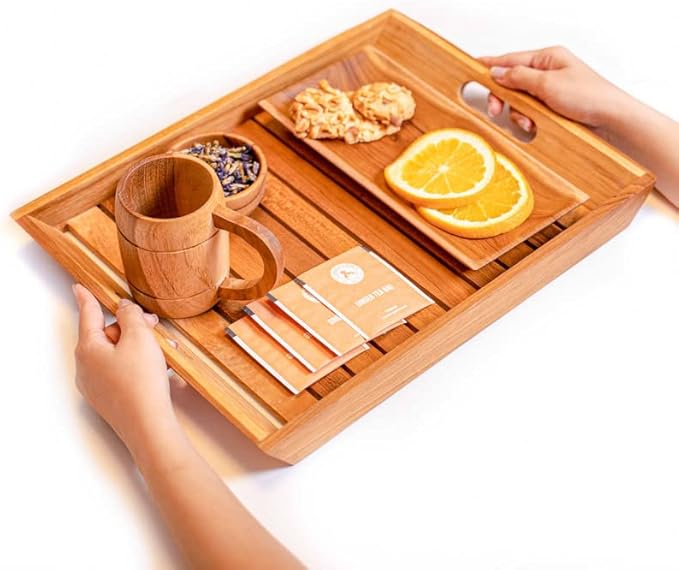 Rainforest Bowls 16"x12" Rectangular Javanese Teak Wood Serving Tray w/Handles- Ultra-Durable, Perfect for Breakfast in Bed, Coffee/Tea, etc- Luxury Custom Design Handcrafted by Indonesian Artisans