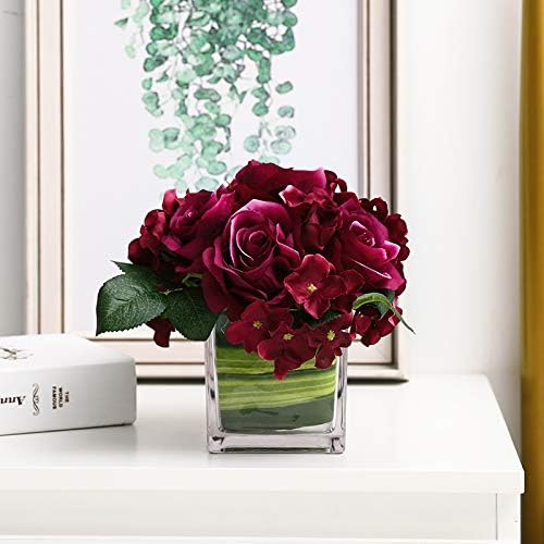 Fule Artificial Silk Rose Flower Centerpiece Arrangement in vase for Home Wedding Decoration (Dark Purple)