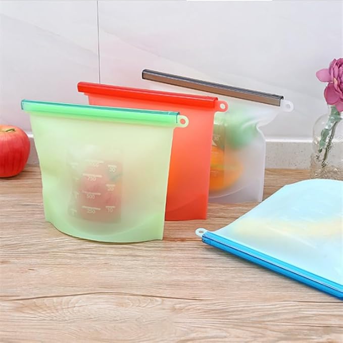 Reusable Silicone Food Storage Bags, WINDSIUUU 100% Silicone Food Grade Containers, Leakproof, Sandwich Snack Bags, Stand Up Zip Container for Soup and Leftovers, Dishwasher & Microwave Oven Safe-53OZ