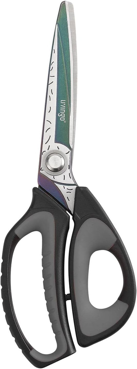 LIVINGO Heavy Duty Industrial Scissors: 10" Utility Stainless Steel Sharp Scissors all Purpose Premium Titanium Coating Forged Shop Shears for Household Pruning, Gardening, Construction, Black & Grey