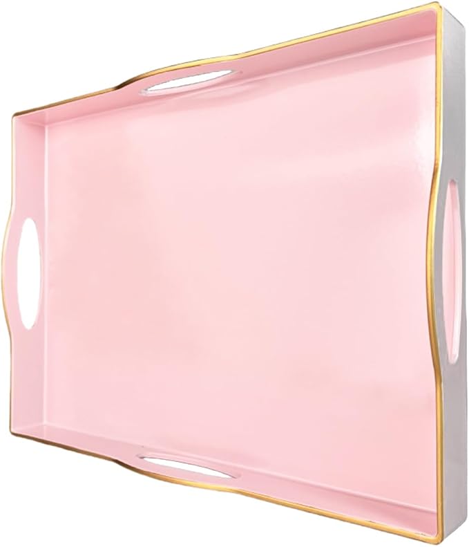 Pink Serving Tray with 4 Handles, Plastic Decorative Tray for Coffee Table, Ottoman - Ideal for Living Room & Bathroom. 15” x 11” x 1.9”