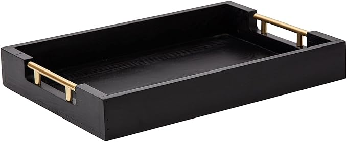 Decorative Coffee Table Ottoman Trays Modern Wood Elegant 16"x12" Rectangle Glossy Shagreen Serving Trays with Gold Metal Handles -Drinks, Liquor Serving Platter for All Occasion's(Black)