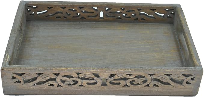 STORE INDYA Vintage Rustic Wooden Serving Trays with Handle - Set of 3 - Large, Medium and Small - Nesting Multipurpose Trays