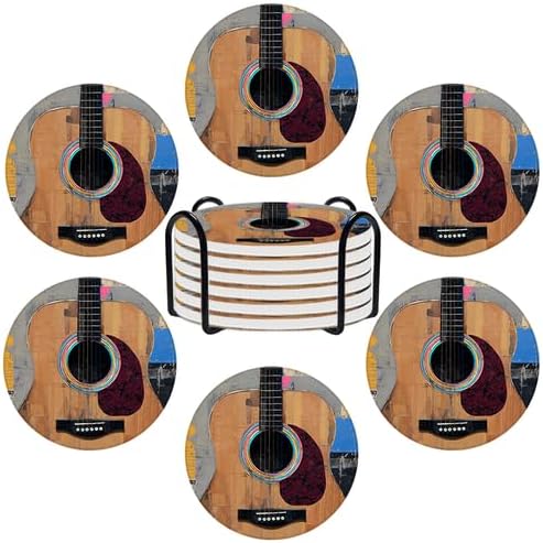 Ceramic Coasters Set of 6 Absorbent Stone Drink Coasters with Holder,Non-Slip Cork Backing,Guitar Coasters for Coffee Table,Desk & Home Decor
