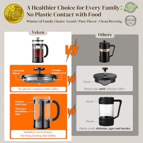 Veken French Press Coffee Maker,No Plastic Touching Cafe,34oz 1L Cafetera,Heat Resistant Thickened Borosilicate Glass Stainless Steel Pot for Kitchen,Travel,Camping,Tea, Gifts, Dark Pewter (Pack of 2)