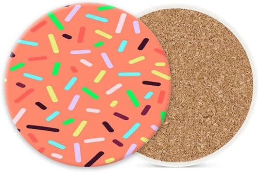 1 Pcs Coffee Cup Coasters for Drinks, Colorful Sprinkles on Pink Background Round Absorbent Non-Slip Ceramic Stone Cork Coasters for Kitchen Living Room Office Decoration Bar (4 * 4 Inch)
