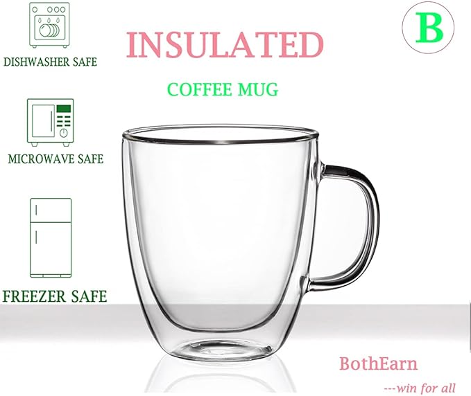Double Wall Glass Coffee Mug - 19 Ounce (560 ml) Insulated Clear Latte Cup with Handle, Great for Espresso Cappuccino and Juice