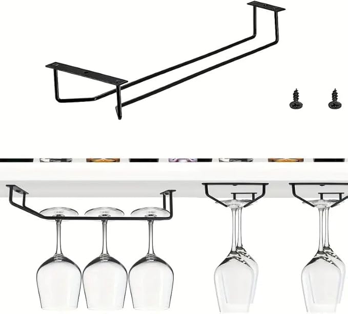 2 Pack Black Wine Glass Rack, 14 Inch Under Cabinet Stemware Holder, Wall Mounted Iron Wine Glass Hanging Rack for Shelf, Kitchen, Bar, Wine Cellar Storage, Organizer, Display
